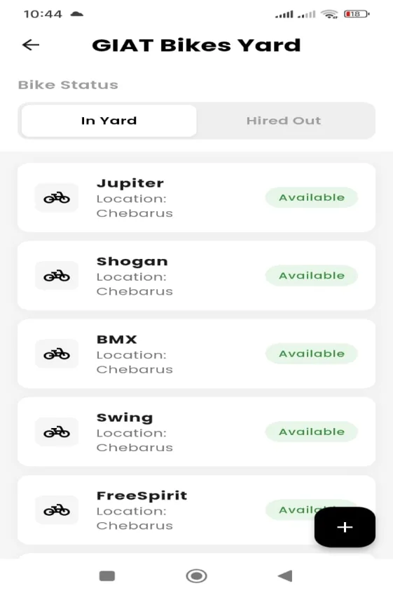 Bikes Yard screen listing available bikes at Chebarus
