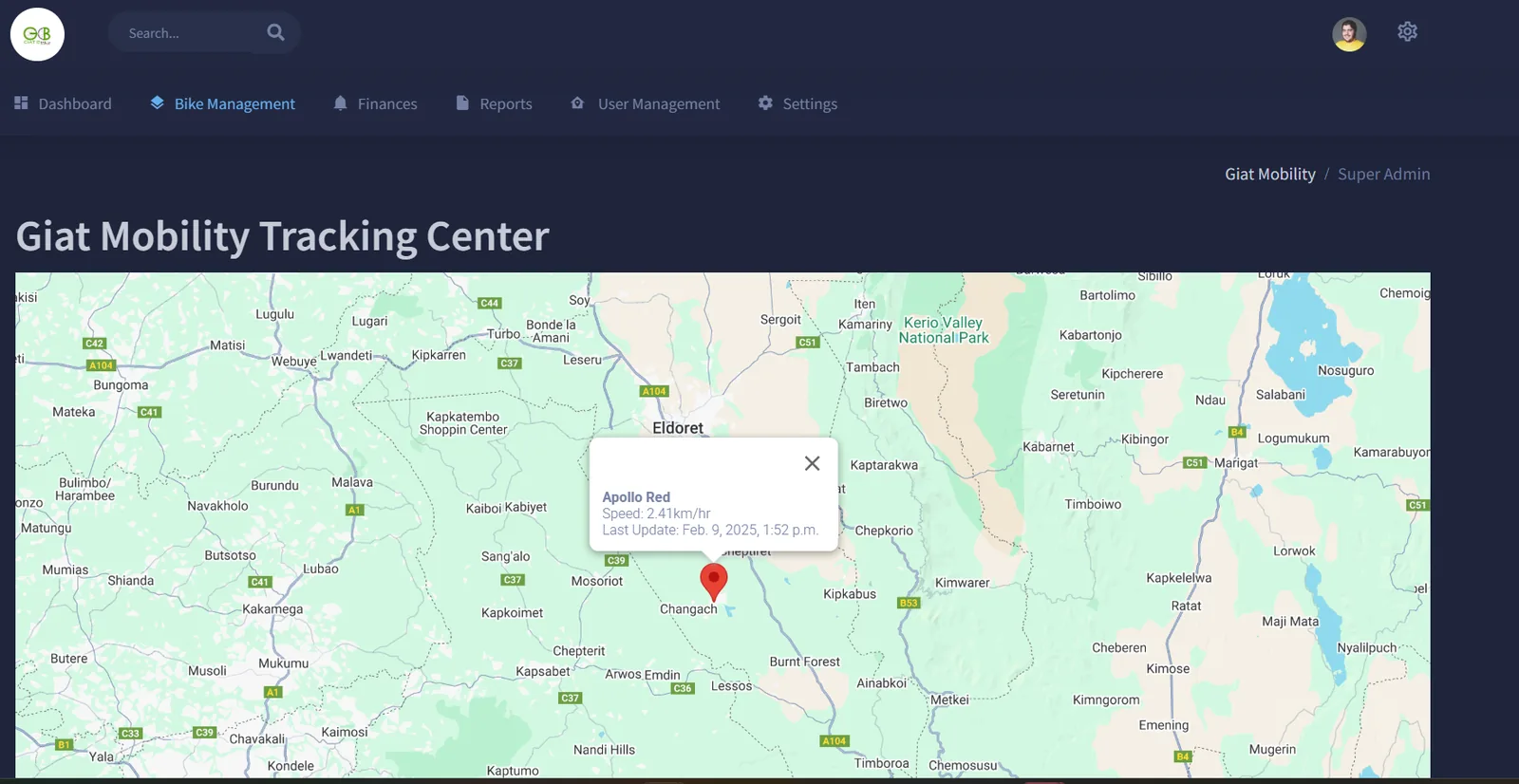 The Giat Mobility Tracking Center showing a bike's live location on a map near Eldoret